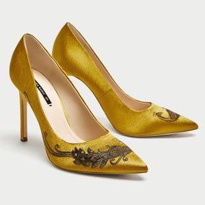 ZARA Yellow Satin Heels with Embroidery *LAST ONE*